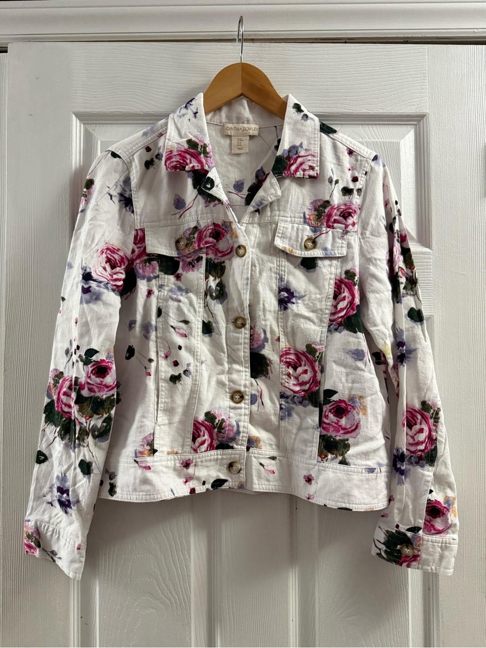 Cynthia Rawley Floral Linen Blend Denim Jacket Lightweight Size Medium